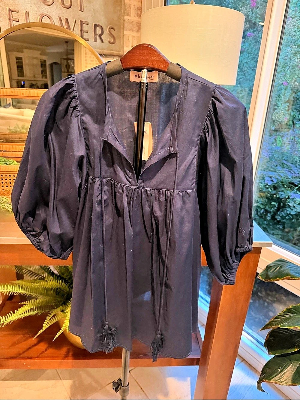 NWT Philosophy Cotton Puff Sleeve Blouse in Blue Size Medium